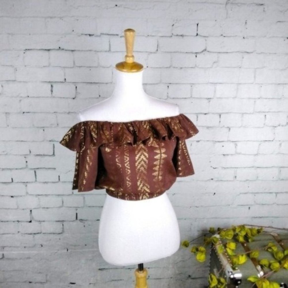 Elan Ruffled Off The Shoulder Cropped Top In Burgundy Size Medium